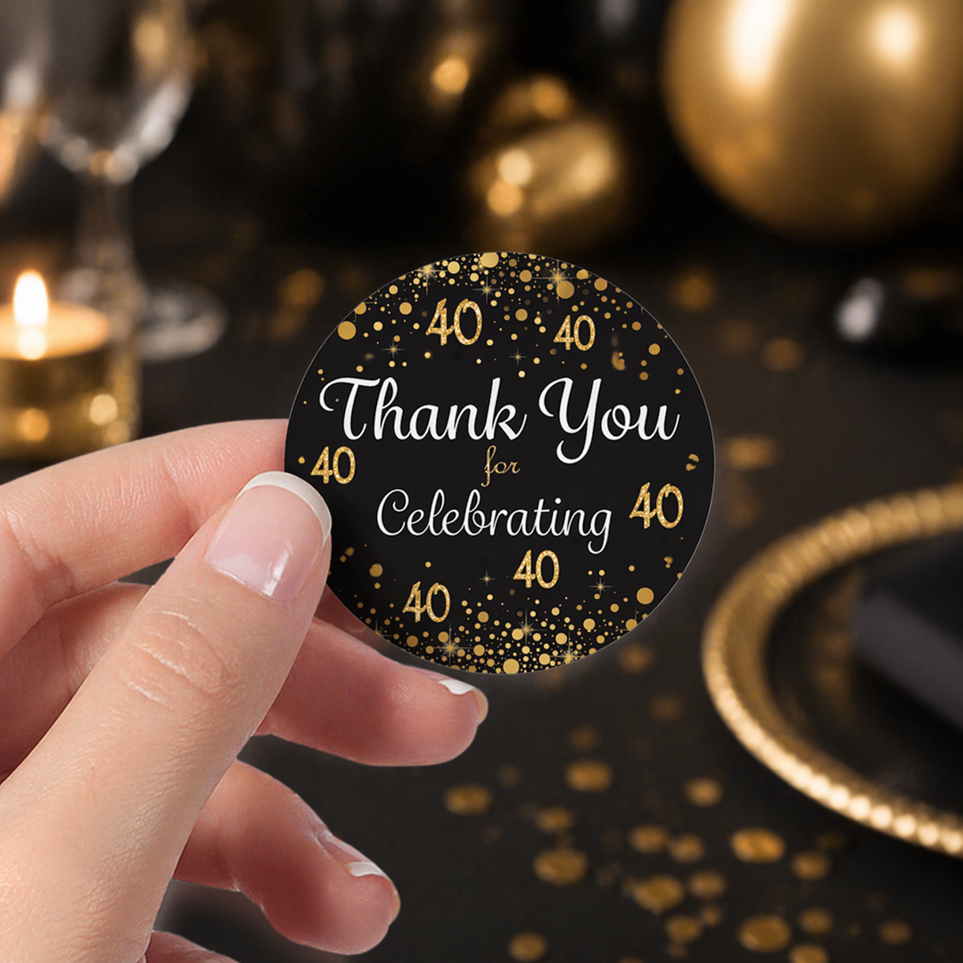 40th Birthday: Black & Gold - Adult Birthday -  Thank You Stickers - 40 Stickers