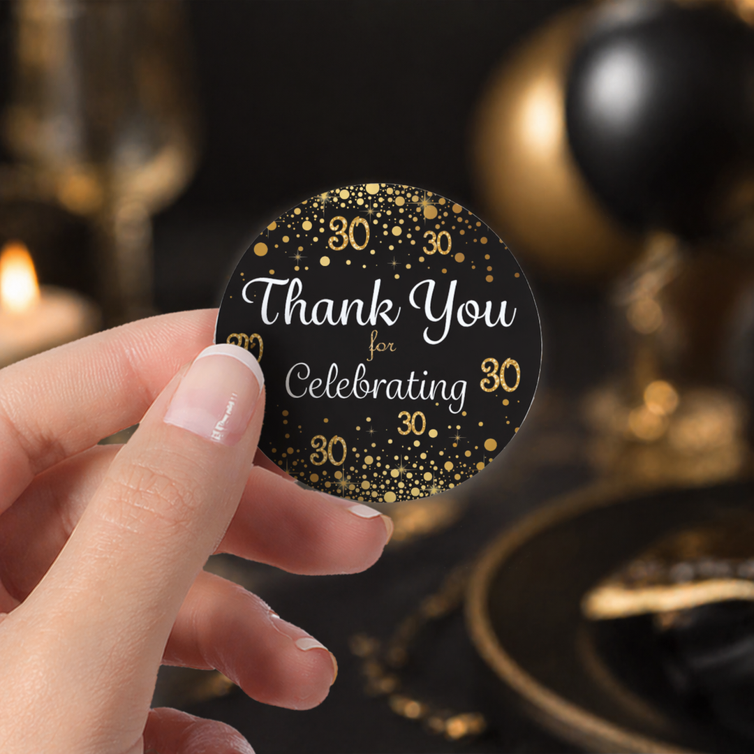 30th Birthday: Black & Gold - Adult Birthday - Thank You Stickers - 40 Stickers