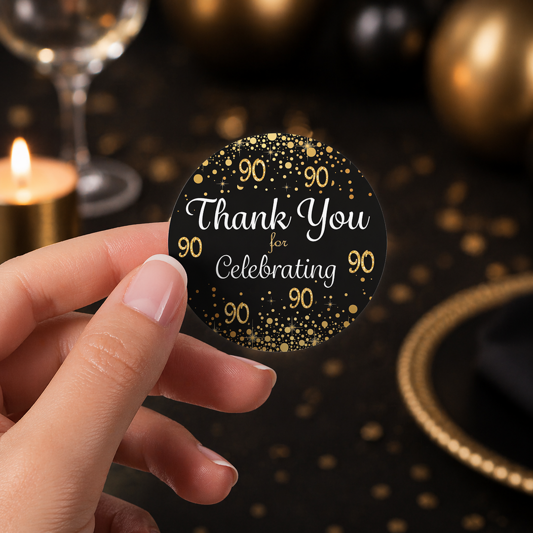 90 cumpleaños: negro y dorado - Cumpleaños de adultos - Pegatinas de agradecimiento - 40 pegatinas