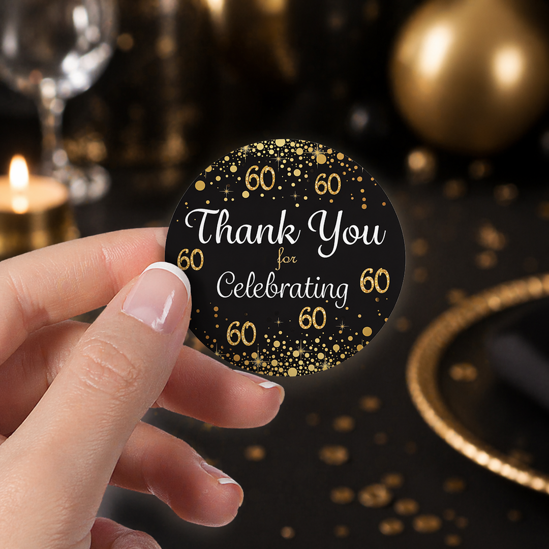 60th Birthday: Black & Gold - Adult Birthday - Thank You Stickers - 40 Stickers