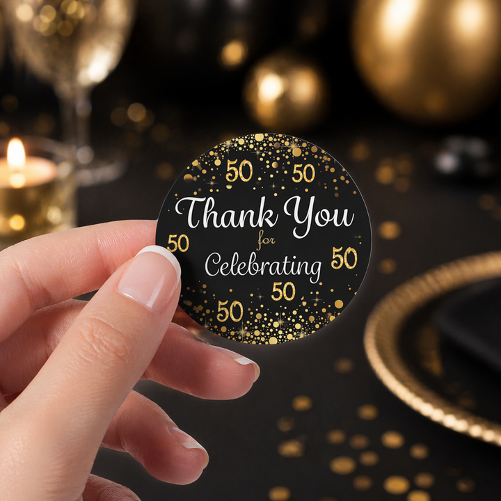 50th Birthday: Black & Gold - Adult Birthday -  Thank You Stickers - 40 Stickers