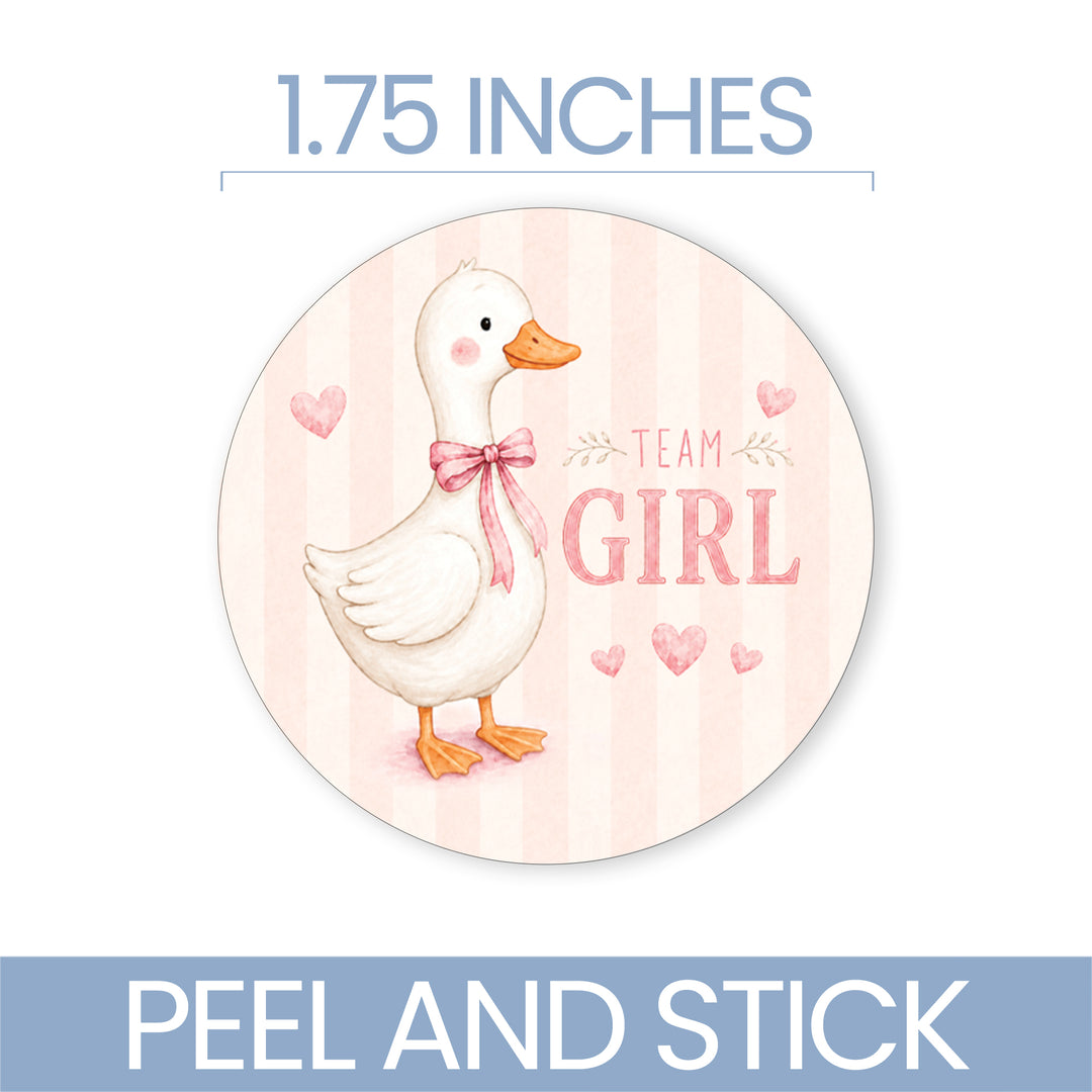 A circular peel-and-stick silly goose themed sticker shown on a white background with text reading '1.75 INCHES' at the top and 'PEEL AND STICK' at the bottom.