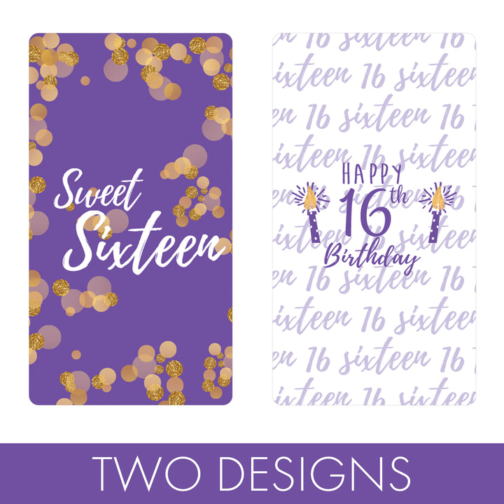 Sweet 16: Púrpura y Dorado - Mini envoltorios para barra de dulces para fiesta de cumpleaños - 45 pegatinas
