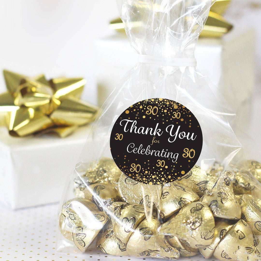 30th Birthday: Black & Gold - Adult Birthday - Thank You Stickers - 40 Stickers - Distinctivs Party