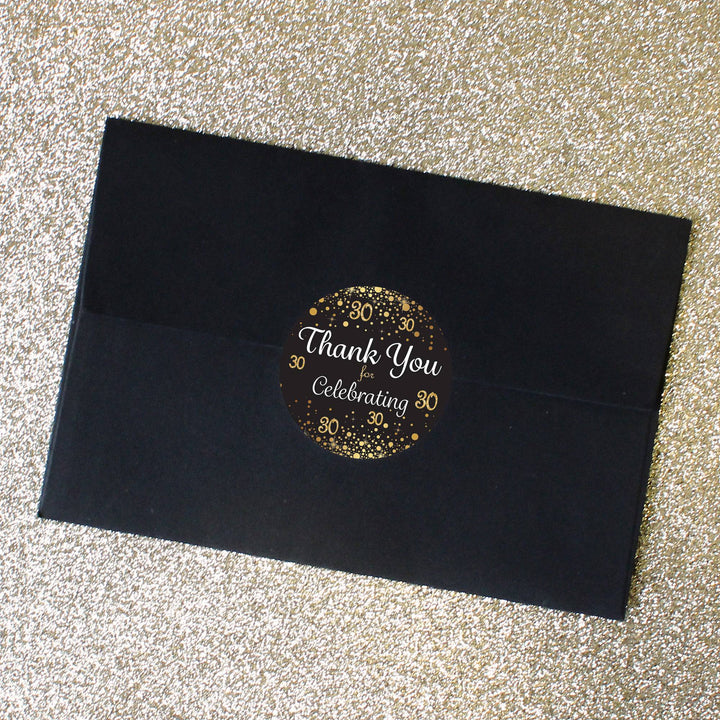 30th Birthday: Black & Gold - Adult Birthday - Thank You Stickers - 40 Stickers - Distinctivs Party