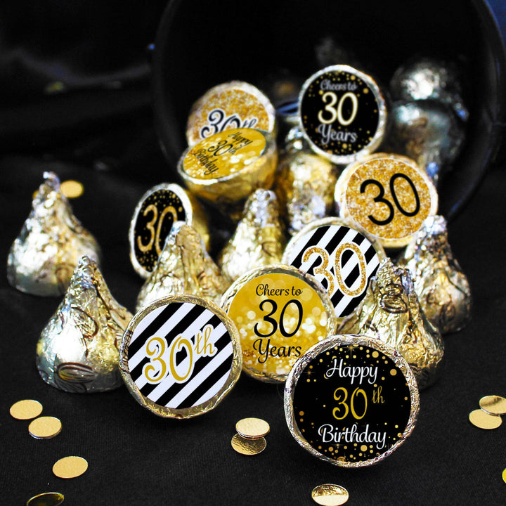 30th Birthday: Black & Gold - Fits on Hershey's Kisses - 180 Stickers - Distinctivs Party