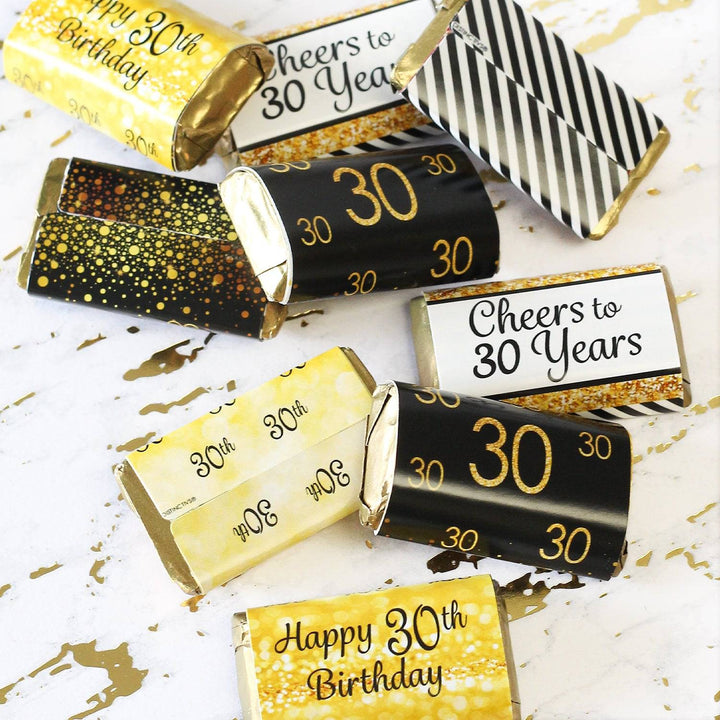 30th Birthday: Black & Gold - Hershey's Miniatures Candy Bar Wrappers Stickers - 45 Stickers - Distinctivs Party