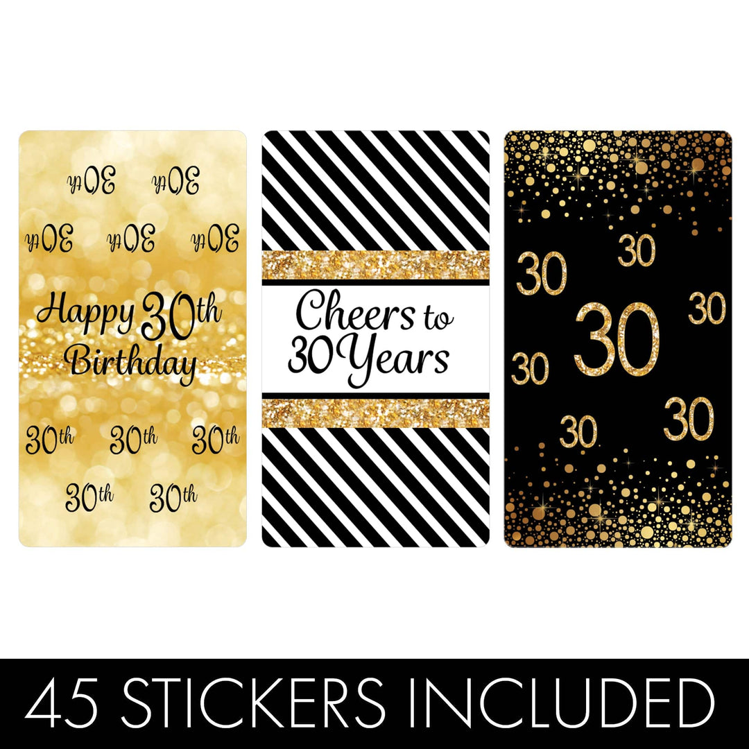 30th Birthday: Black & Gold - Hershey's Miniatures Candy Bar Wrappers Stickers - 45 Stickers - Distinctivs Party