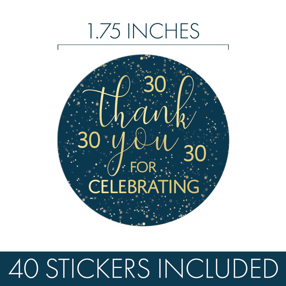 30th Birthday: Navy Blue & Gold - Adult Birthday - Thank You Stickers - 40 Stickers - Distinctivs Party