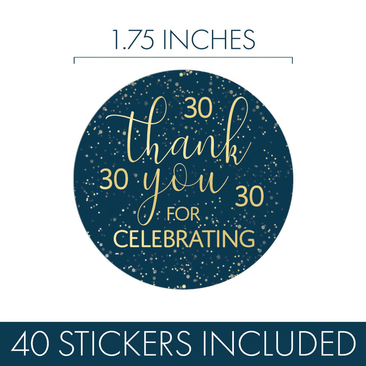 30th Birthday: Navy Blue & Gold - Adult Birthday - Thank You Stickers - 40 Stickers - Distinctivs Party