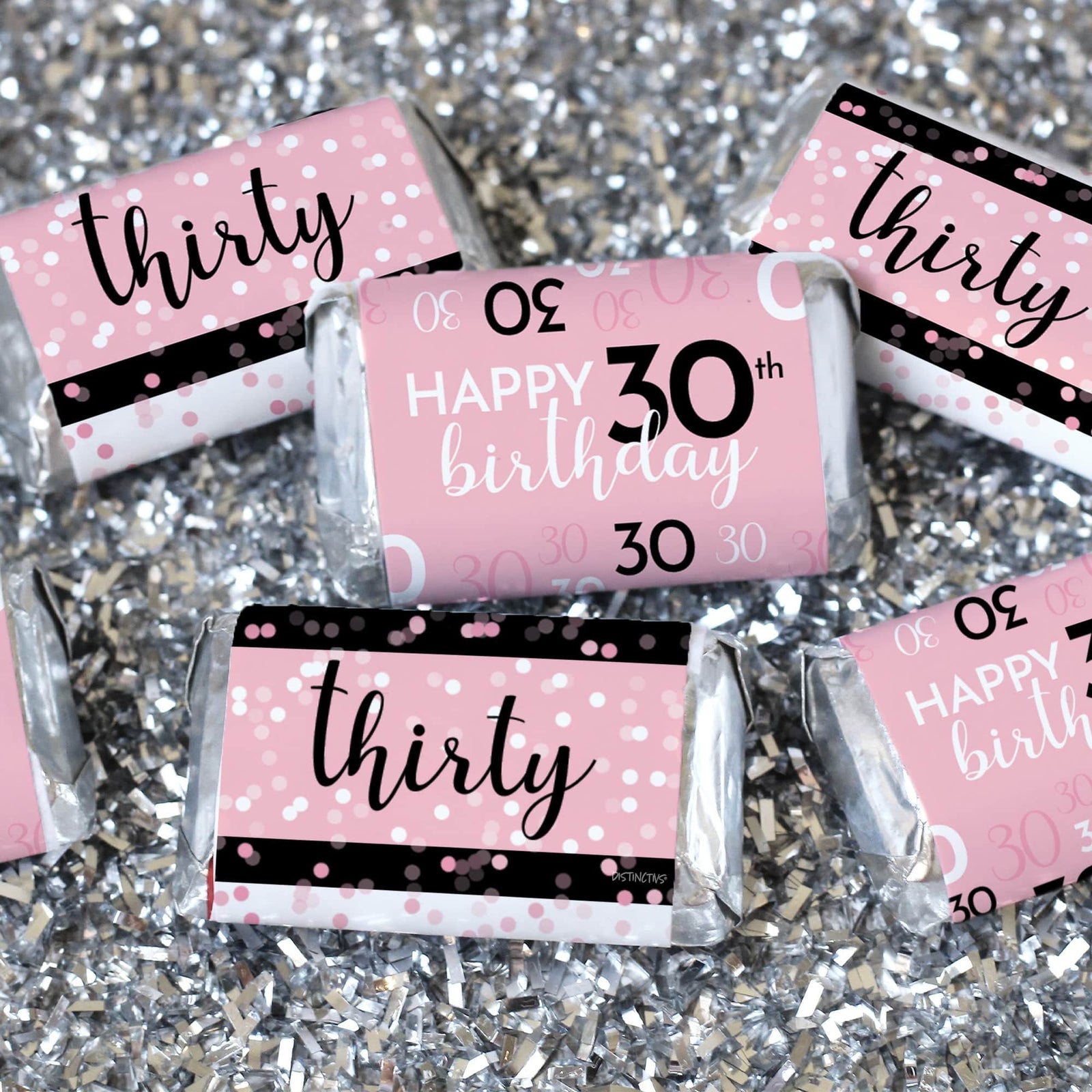 30th Birthday: Pink and Black - Adult Birthday - Hershey's Miniatures Candy Bar Wrappers Stickers - 45 Stickers - Distinctivs Party