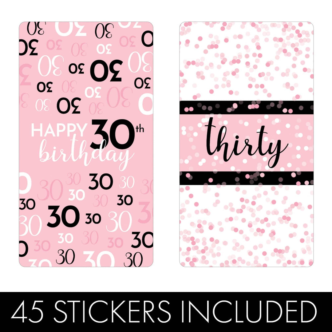 30th Birthday: Pink and Black - Adult Birthday - Hershey's Miniatures Candy Bar Wrappers Stickers - 45 Stickers - Distinctivs Party