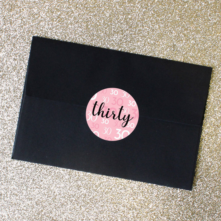 30th Birthday: Pink and Black - Adult Birthday -  Round Favor Stickers - 40 Stickers - Distinctivs Party