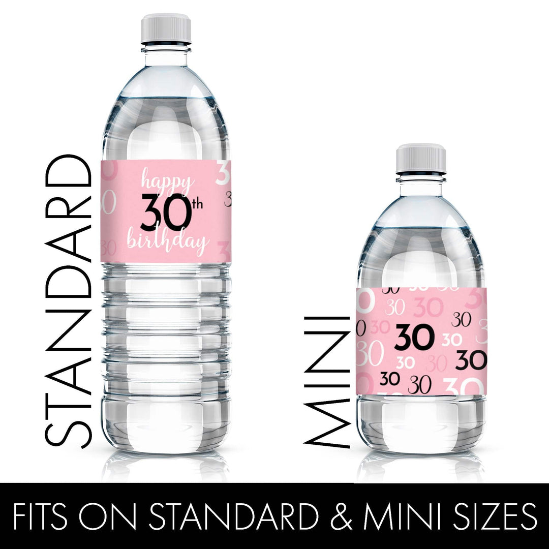 30th Birthday: Pink and Black - Adult Birthday - Water Bottle Label Stickers - 24 Waterproof Stickers - Distinctivs Party