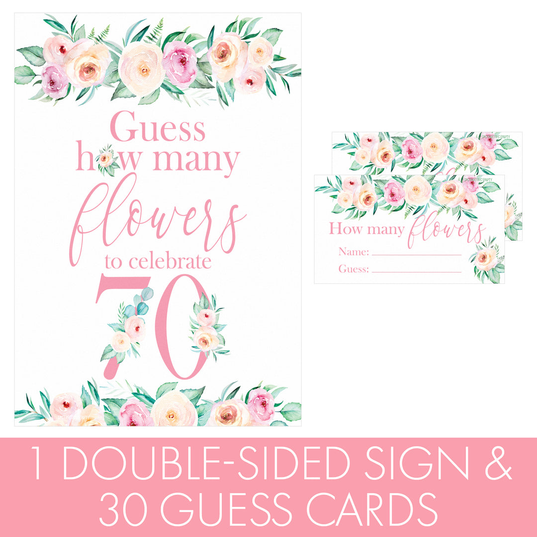 70th Birthday: How Many Flowers in the Jar Floral Party Game - Distinctivs Party