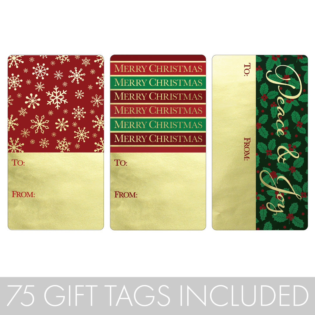 Christmas Gift Tag Stickers: Traditional Red, Green and Gold Foil – 75 Stickers