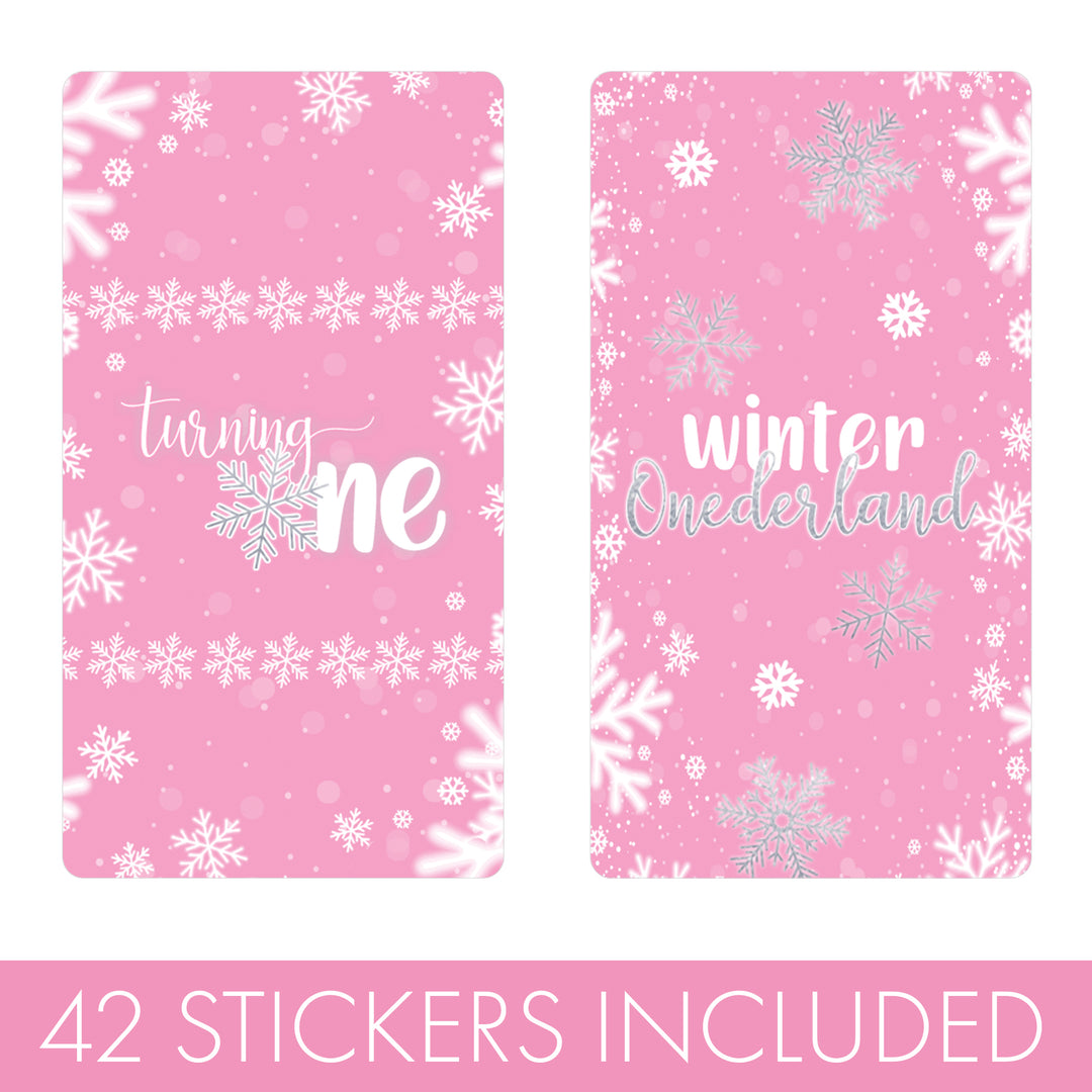 Onederland Snowflake: Pink - Winter First Birthday - Hershey's Miniatures Candy Bar Wrappers - 42 Stickers