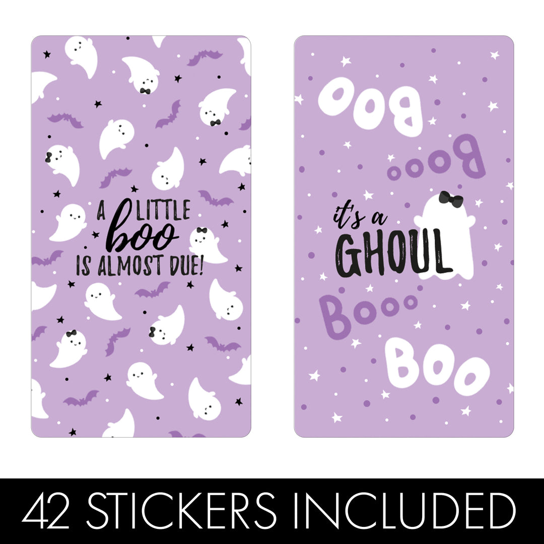 Little Boo: Purple - Girl Baby Shower - Hershey's Miniatures Candy Bar Wrappers Stickers - 42 Stickers - Distinctivs Party