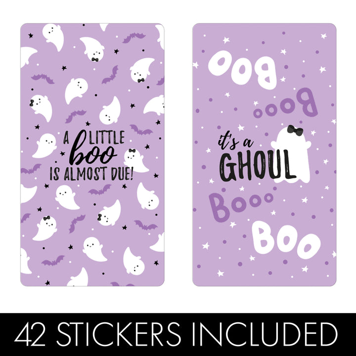 Little Boo: Purple - Girl Baby Shower - Hershey's Miniatures Candy Bar Wrappers Stickers - 42 Stickers - Distinctivs Party