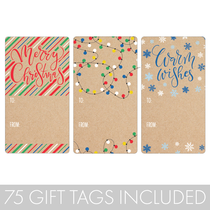 Christmas Gift Tag Stickers: Kraft Paper Stripes, Lights, and Snowflakes  – 75 Stickers