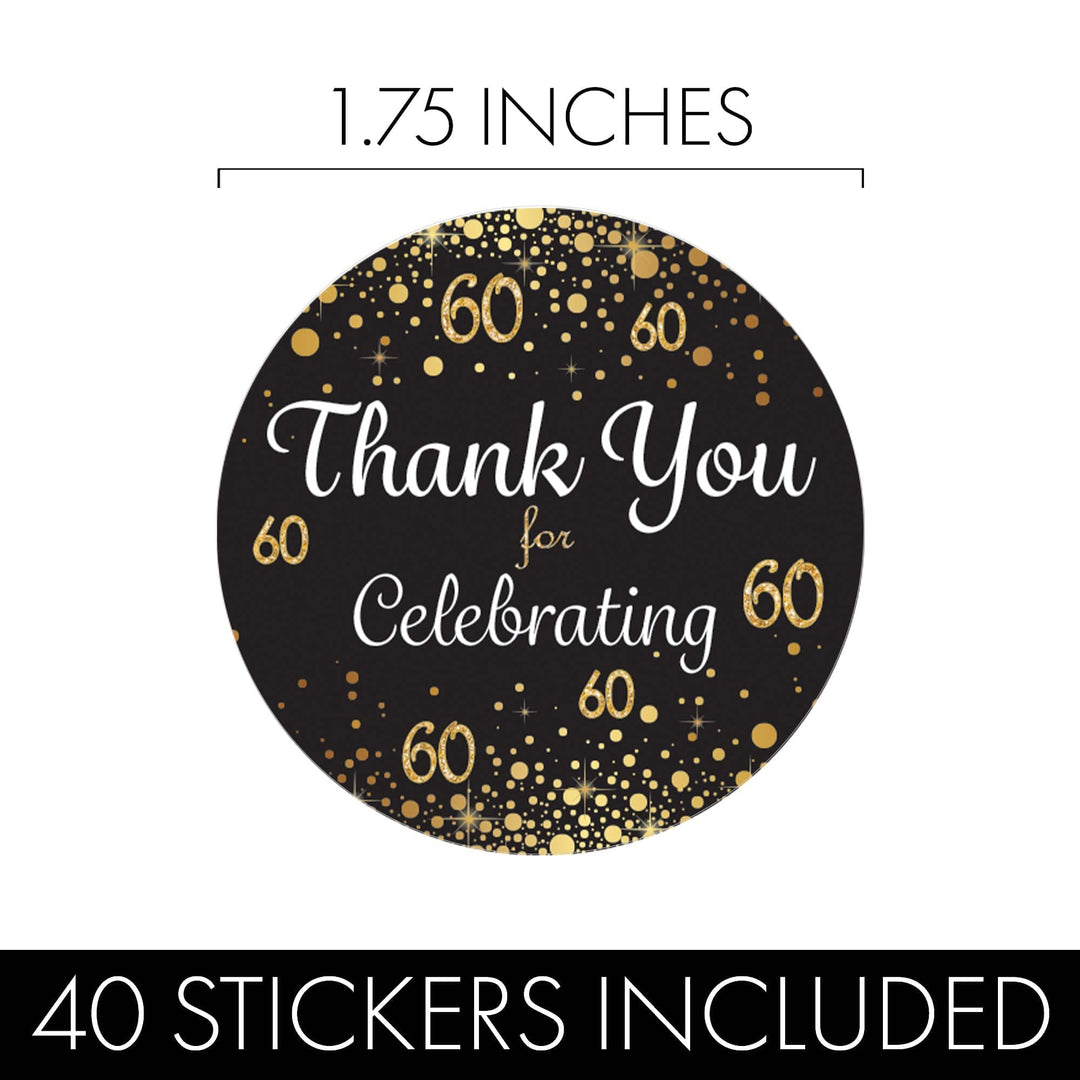 60th Birthday: Black & Gold - Adult Birthday - Thank You Stickers - 40 Stickers - Distinctivs Party