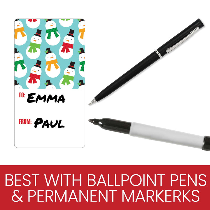 Snowman gift tag with pen and marker, best with ballpoint pens.