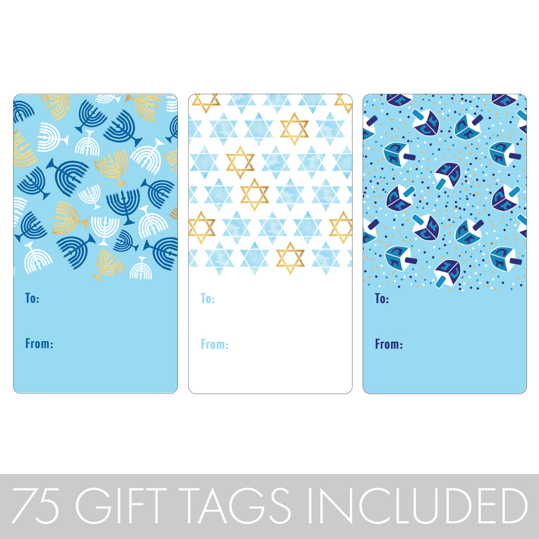 Hanukkah Gift Tag Stickers: Menorah, Star of David, and Dreidel - 75 Stickers