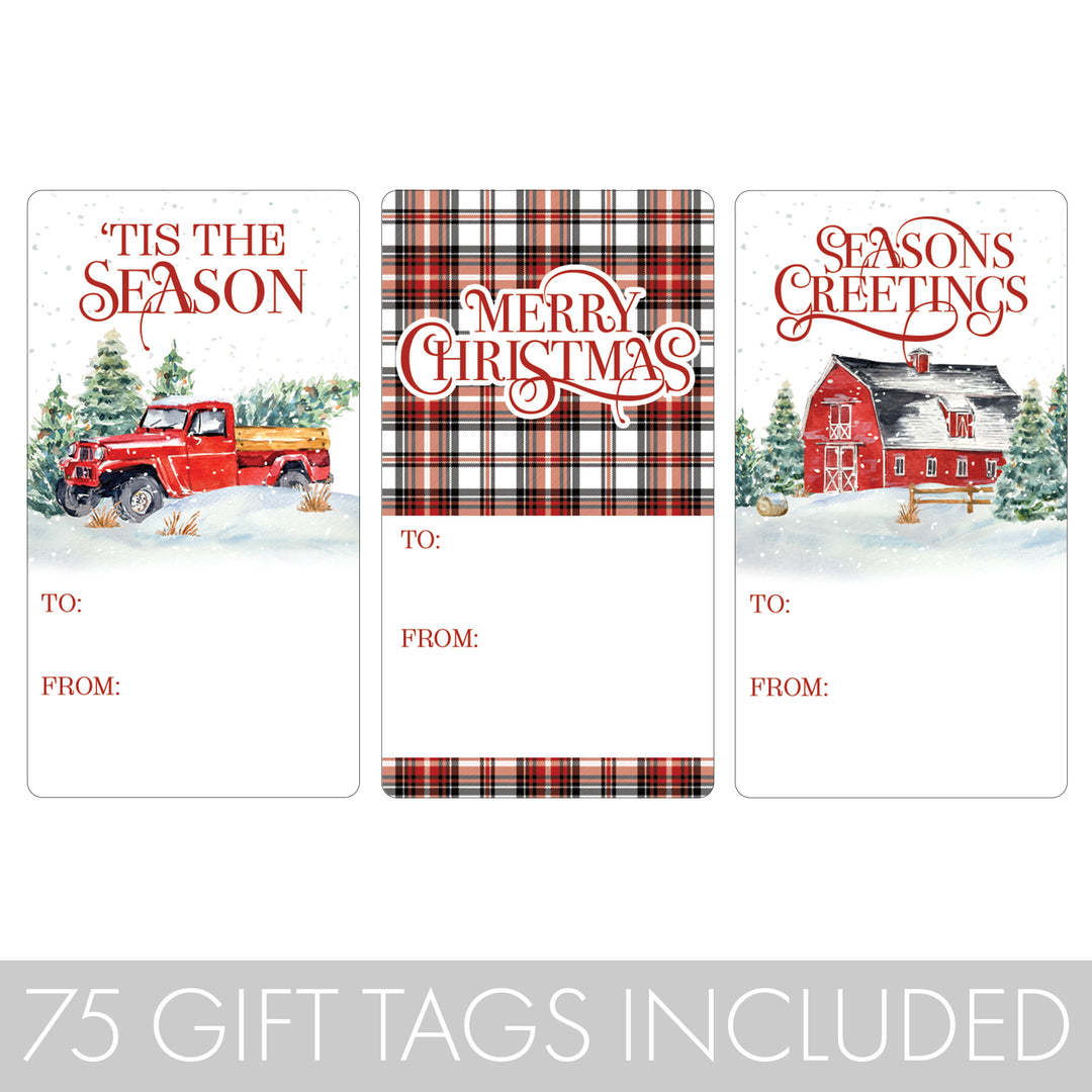 Christmas Gift Tag Stickers: Rustic Christmas Red Barn and Truck – 75 Stickers