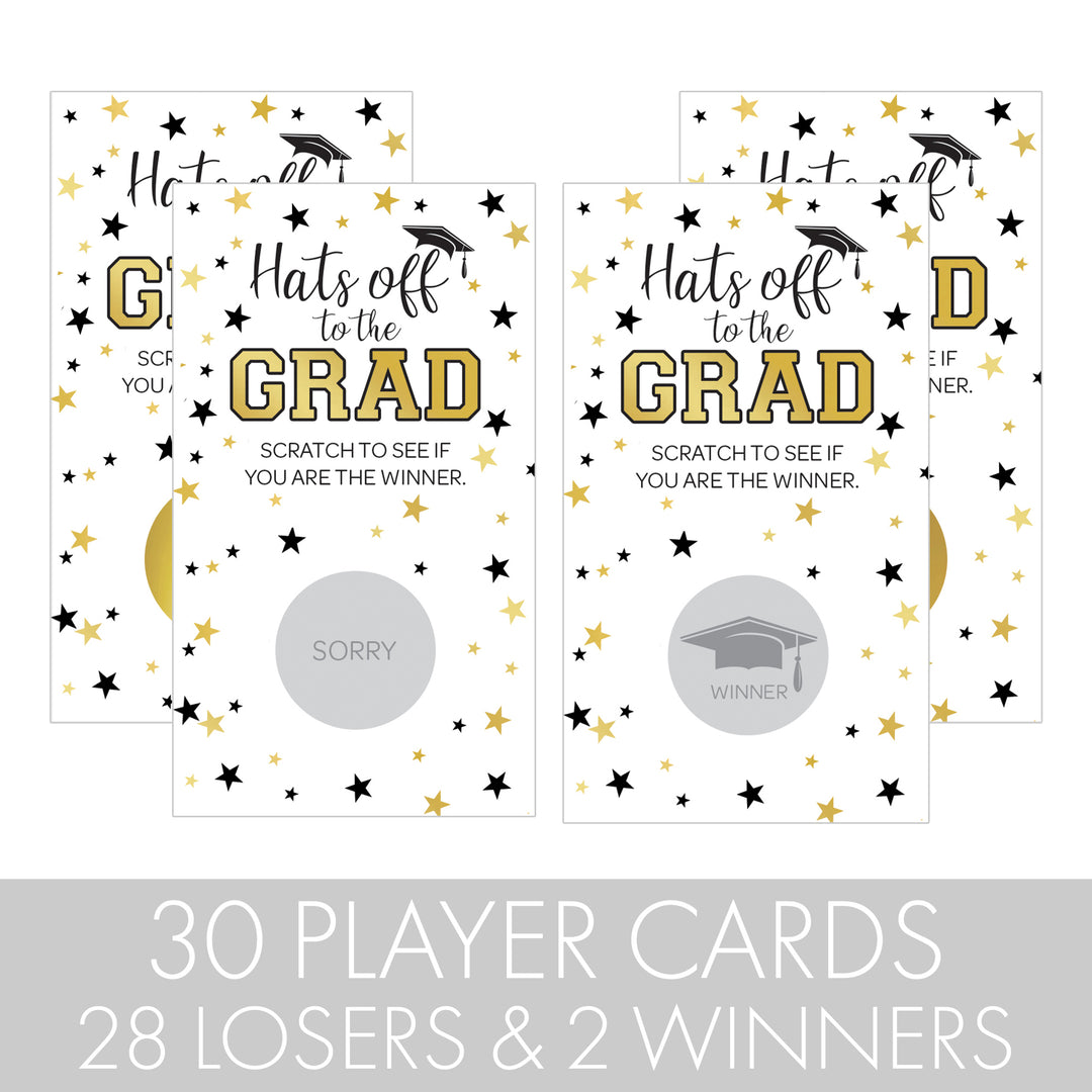 Graduation Party Game: White and Gold Scratch Off Cards- Class of 2025 - 30 Cards (2 Winners)