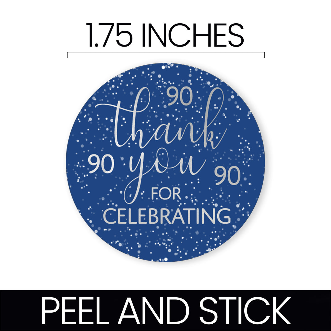 Blue and Silver 90th Birthday Thank You Stickers - 40 Stickers