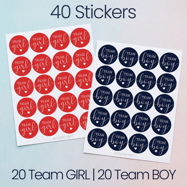 Two sheets of round team-themed stickers shown on a light background, with text reading '40 Stickers' and '20 Team GIRL | 20 Team BOY.' The left sheet has red stickers with white script reading 'team girl,' and the right sheet has navy blue stickers with white script reading 'team boy.