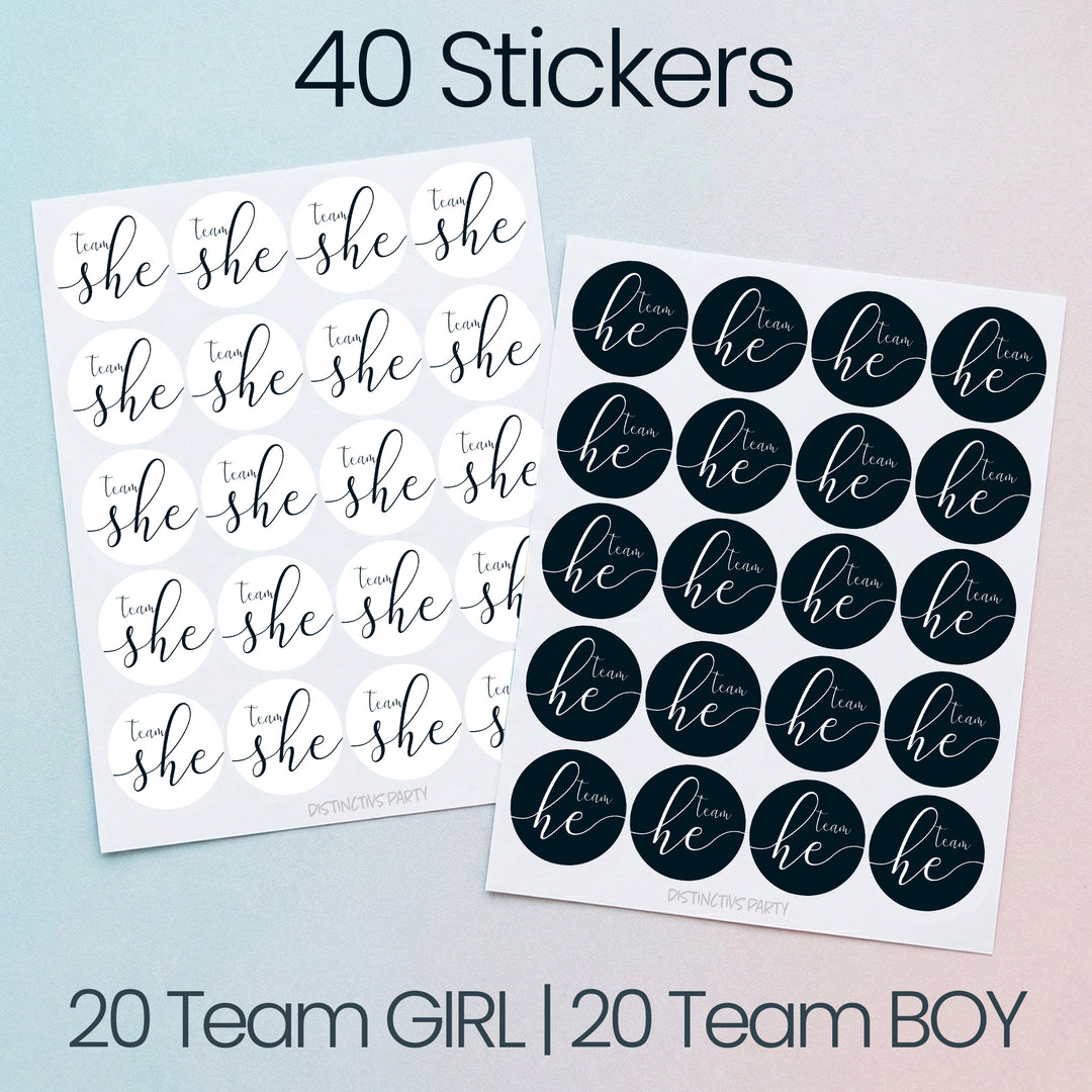 Two sticker sheets labeled '20 Team GIRL | 20 Team BOY' with repeated 'team she' and 'he' stickers, shown on a pale blue-to-pink gradient background with the text '40 Stickers' at the top.