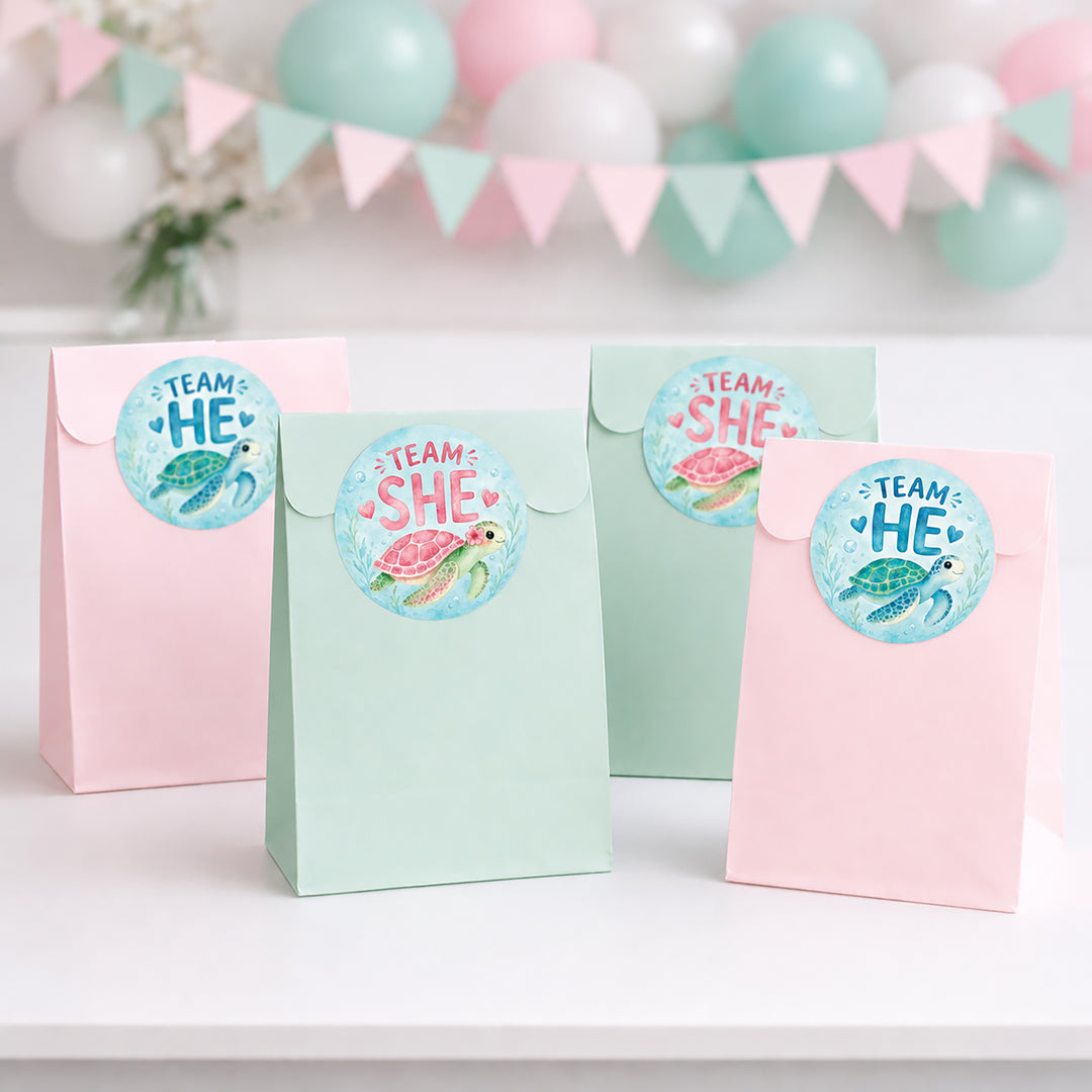Four pastel party favor bags arranged on a white surface, with stickers reading “TEAM SHE” and "TEAM HE" and a sea turtle illustration. The bags are pink, mint green, and light blue, with a pink and white bunting garland and balloons blurred in the background.