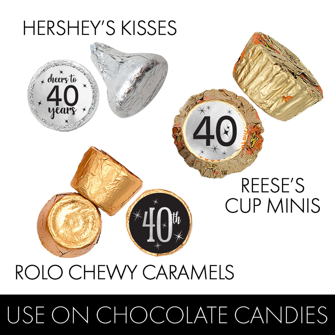 40th Birthday: Black and Silver - Adult Birthday -  Party Favor Stickers - Fits on Hershey's Kisses - 180 Stickers - Distinctivs Party