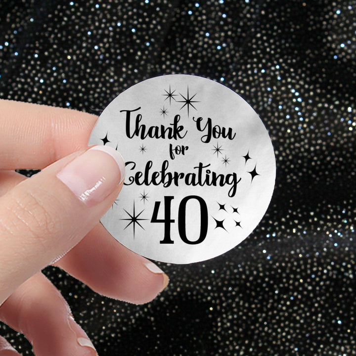 40th Birthday: Black and Silver - Adult Birthday -  Thank You Round Favor Stickers - 40 Stickers - Distinctivs Party