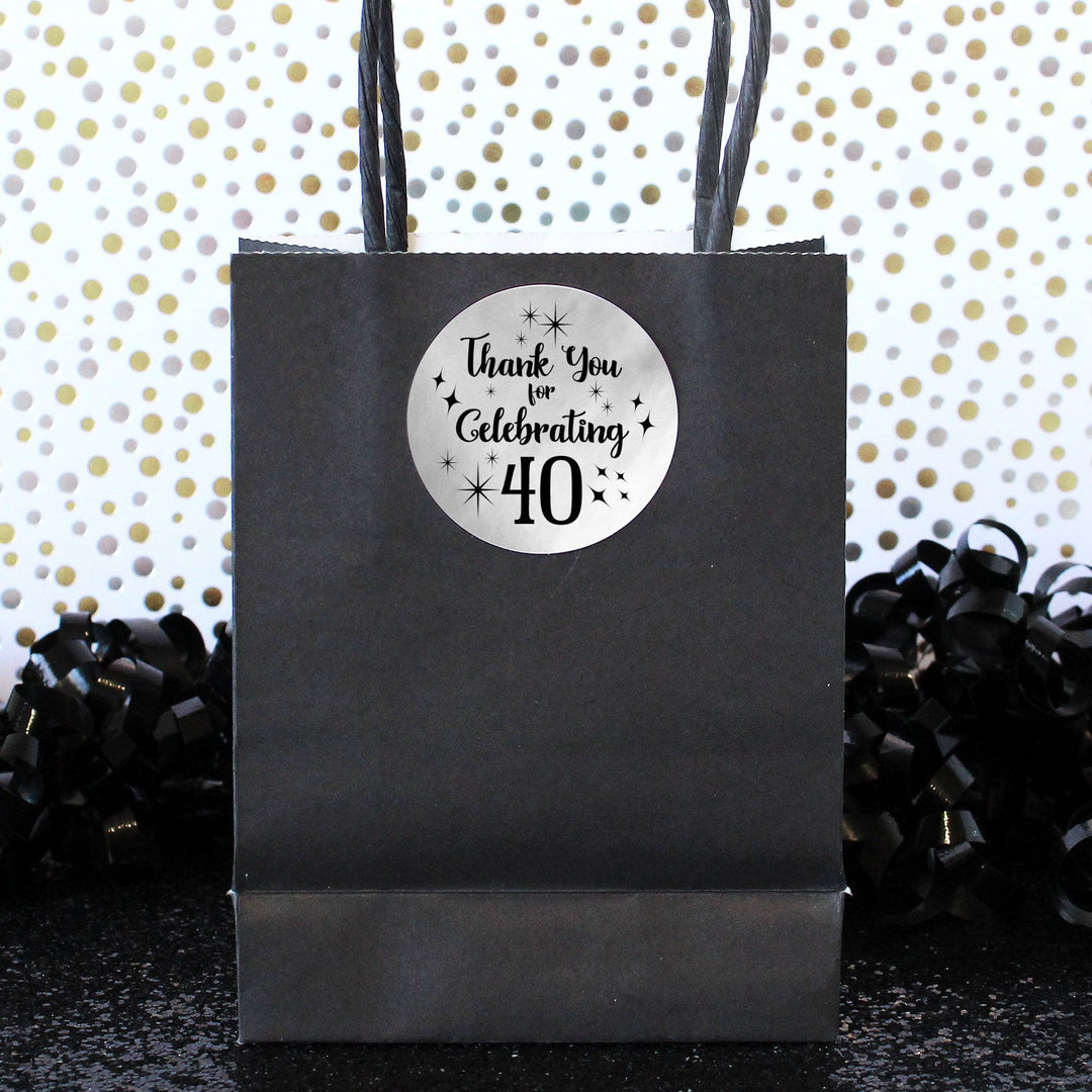 40th Birthday: Black and Silver - Adult Birthday -  Thank You Round Favor Stickers - 40 Stickers - Distinctivs Party