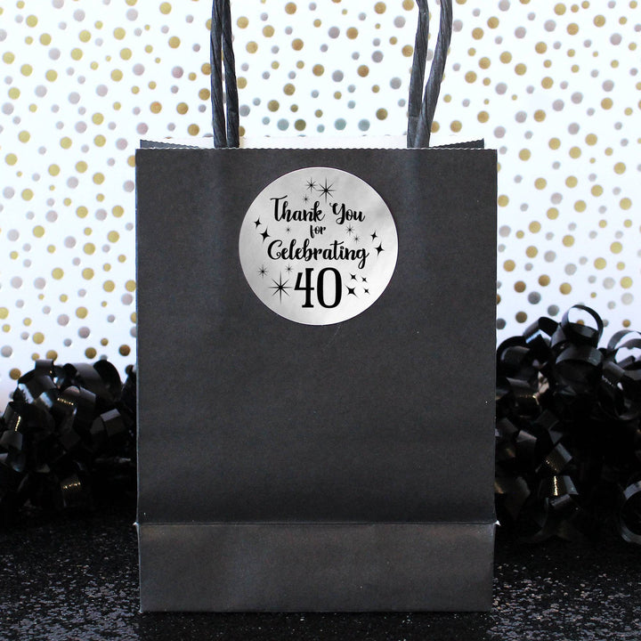 40th Birthday: Black and Silver - Adult Birthday -  Thank You Round Favor Stickers - 40 Stickers - Distinctivs Party