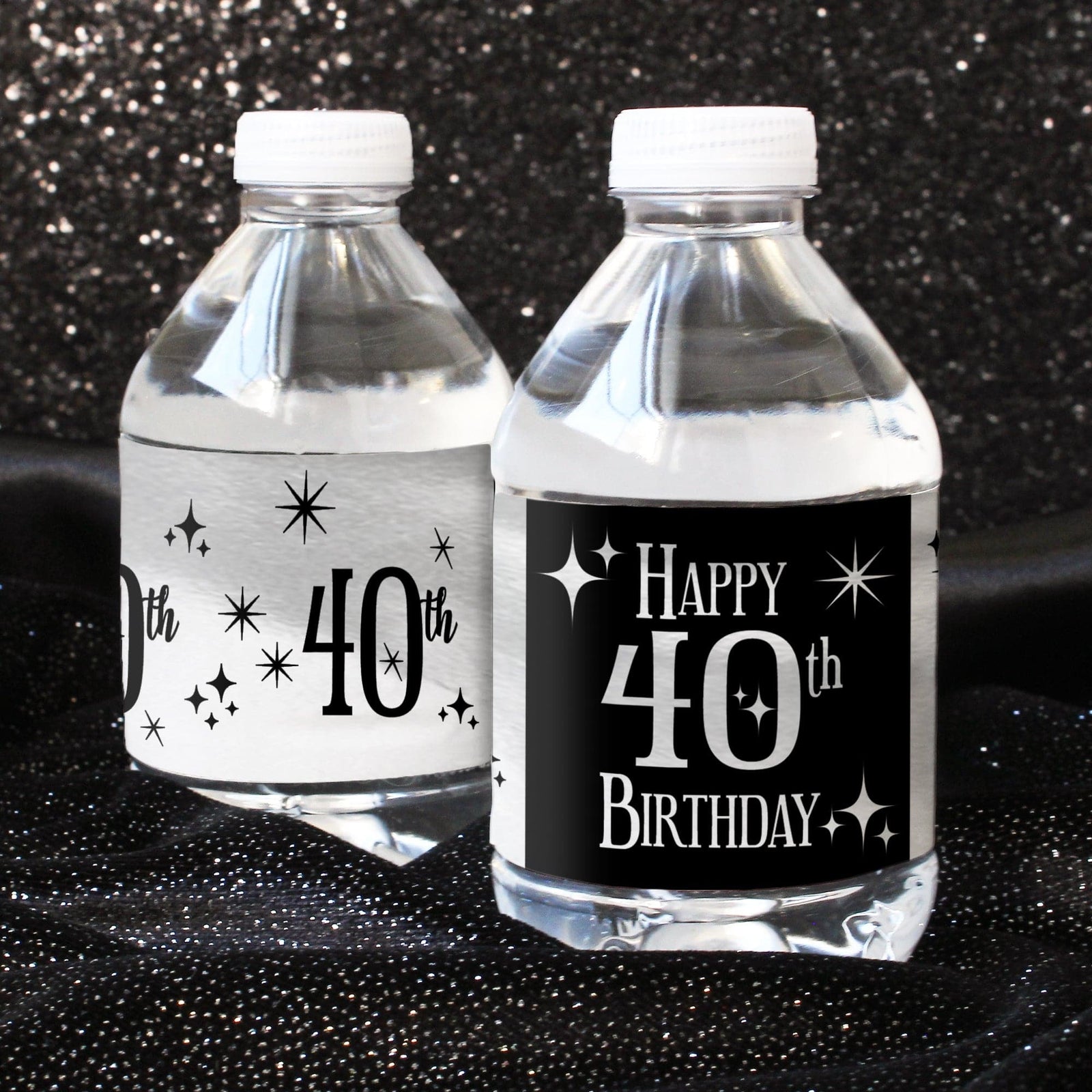 40th Birthday: Black and Silver - Adult Birthday - Water Bottle Label Stickers - 24 Waterproof Stickers - Distinctivs Party