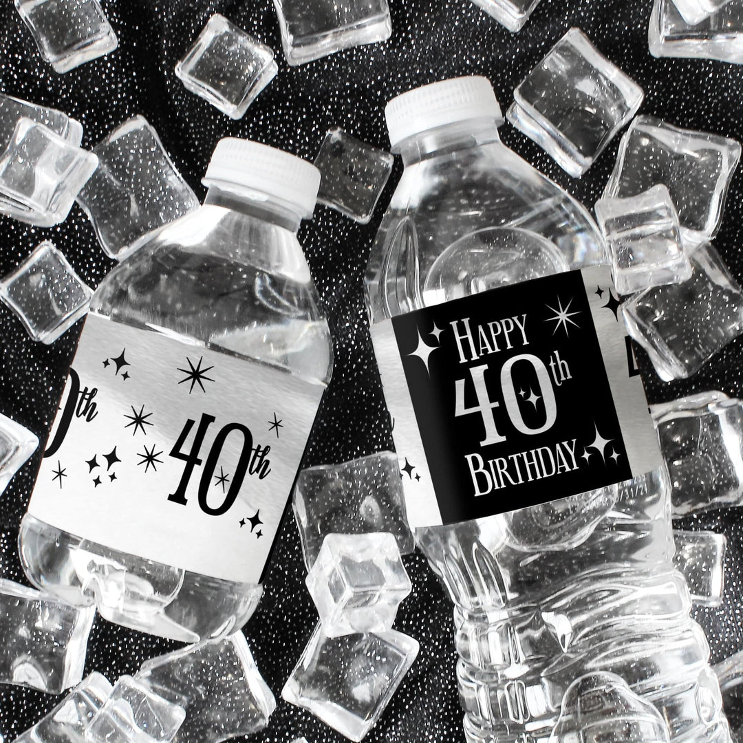 40th Birthday: Black and Silver - Adult Birthday - Water Bottle Label Stickers - 24 Waterproof Stickers - Distinctivs Party