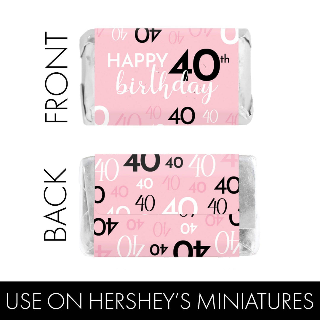 40th Birthday: Pink and Black - Adult Birthday -   Hershey's Miniatures Candy Bar Wrappers Stickers - 45 Stickers - Distinctivs Party