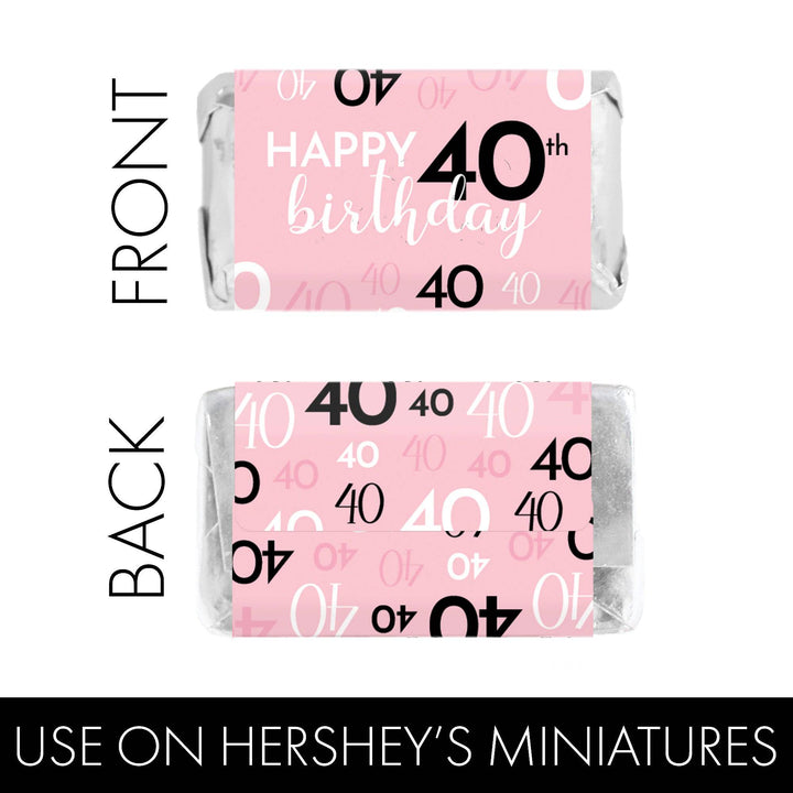 40th Birthday: Pink and Black - Adult Birthday -   Hershey's Miniatures Candy Bar Wrappers Stickers - 45 Stickers - Distinctivs Party