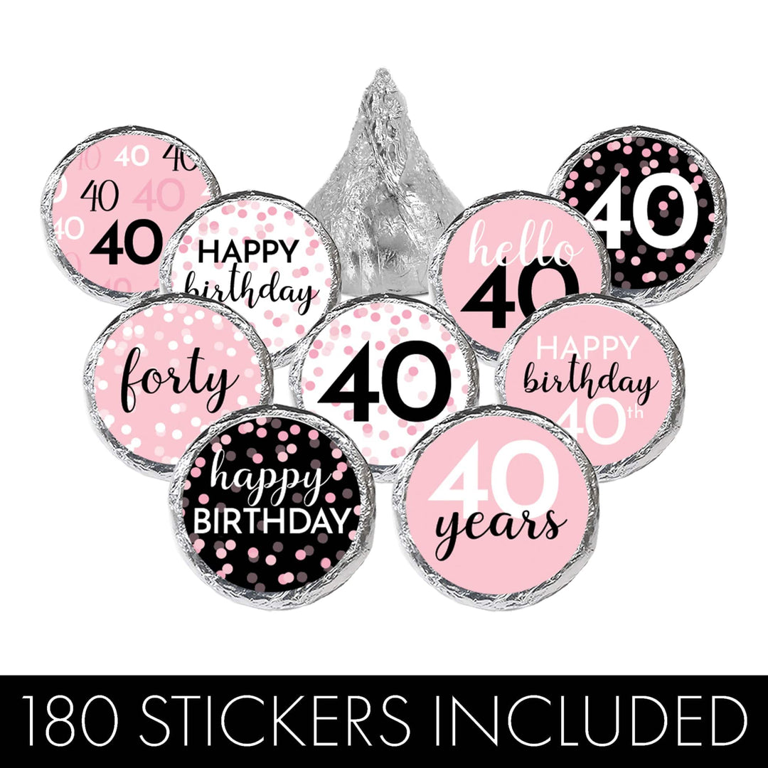 40th Birthday: Pink and Black - Adult Birthday - Party Favor Stickers - Fits on Hershey's Kisses - 180 Stickers - Distinctivs Party