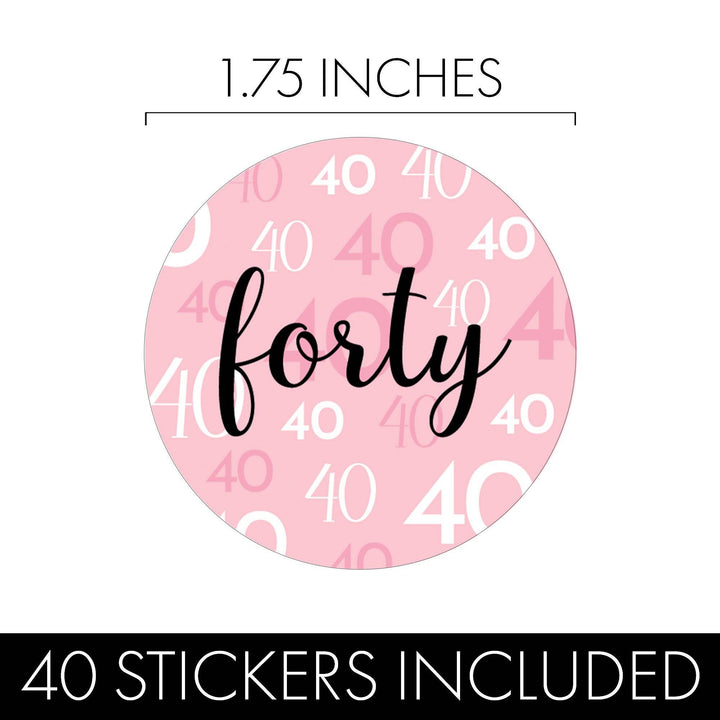 40th Birthday: Pink and Black - Adult Birthday - Round Favor Stickers - 40 Stickers - Distinctivs Party