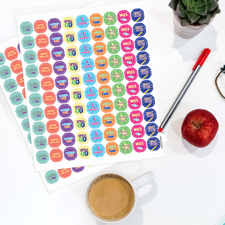 Motivational Teacher Reward Stickers for Students: Vocab & Spelling (1,080 Stickers)