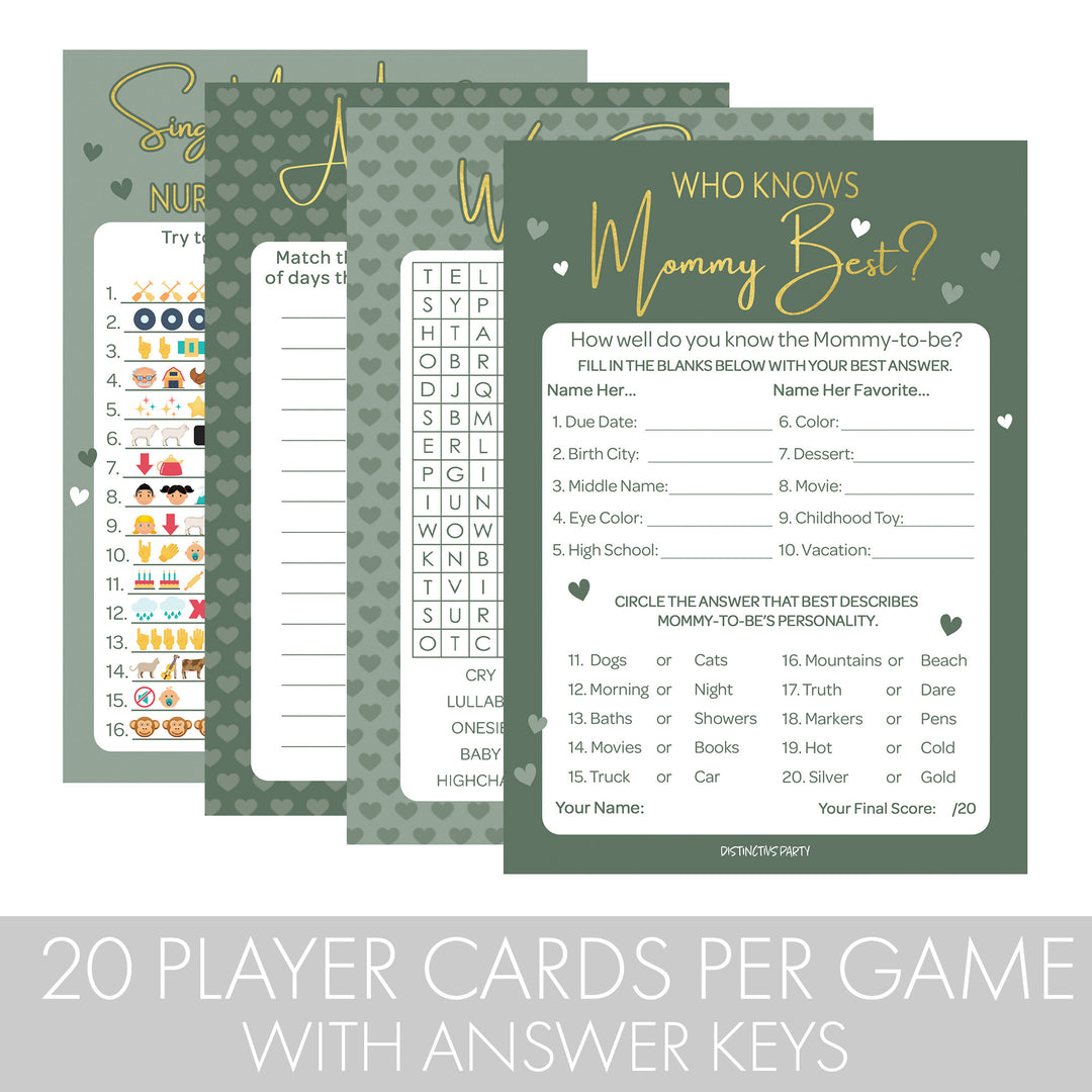 Sweet Baby Gender Neutral: Green- Baby Shower Game Bundle - Emoji, Animal Match, Who Knows, Word Search - 4 Games for 20 Players - 40 Dual Sided Cards