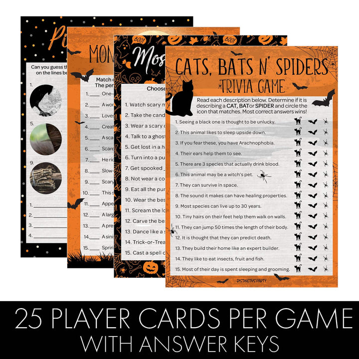 Full Moon: Halloween Party Game Bundle - Monster Matchup, Most Likely To, Picture Quiz & Cats, Bats N' Spiders Trivia Game - 4 Games for 25 Players - 50 Dual Sided Cards