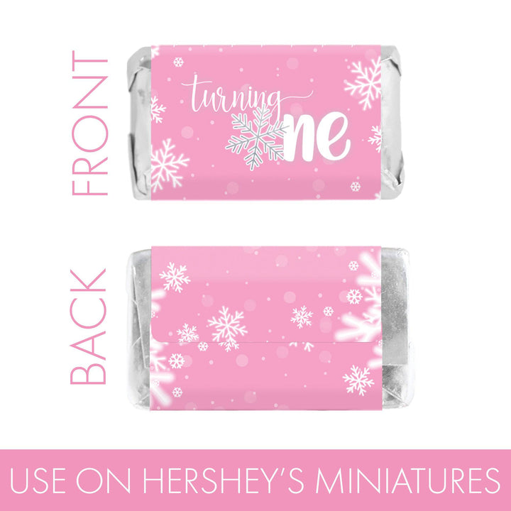 Onederland Snowflake: Pink - Primer cumpleaños de invierno - Envoltorios para barra de dulces en miniatura de Hershey's - 45 pegatinas