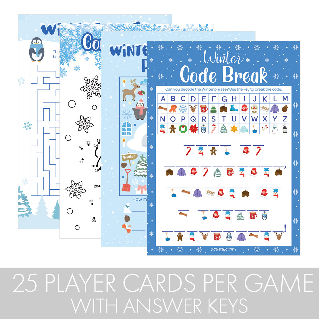 Winter Games: Blue Snowflakes - Picture Hunt, Code Break, Connect Dots, Maze - 4 Game Bundle for 25 Kids