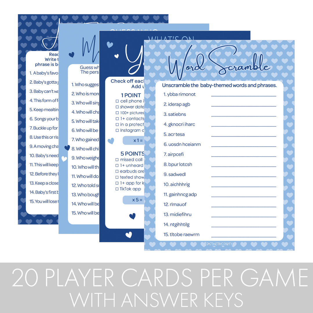 Sweet Baby Boy: Blue- Baby Shower Game Bundle - Guess Who: Mommy or Daddy, All Things Baby, What's On Your Phone & Word Scramble  - 4 Games for 20 Players - 40 Dual Sided Cards