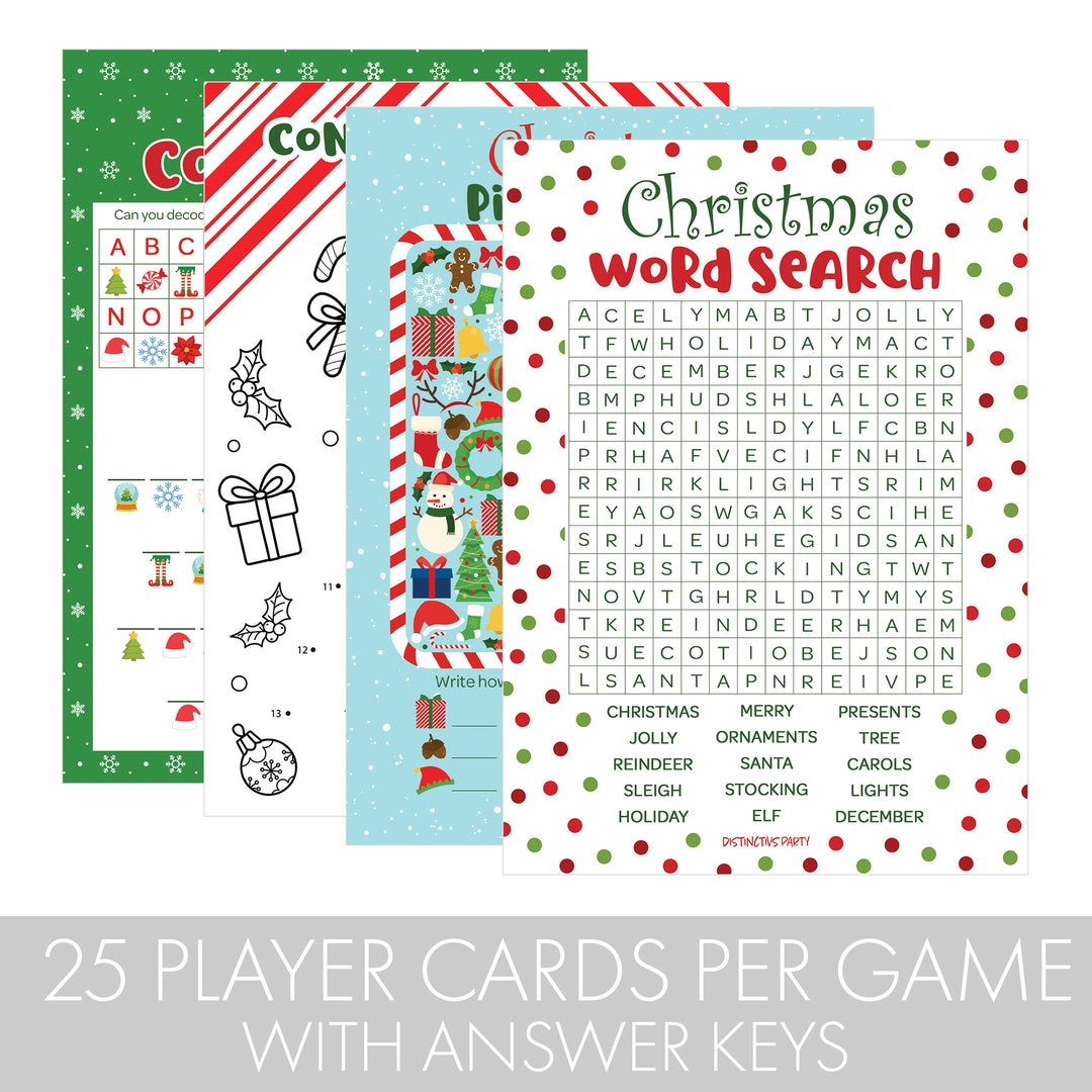 Christmas Cheer: Christmas Party Game Bundle- Word Search, Picture Hunt, Code Break & Connect the Dots - 4 Games for 25 Kids